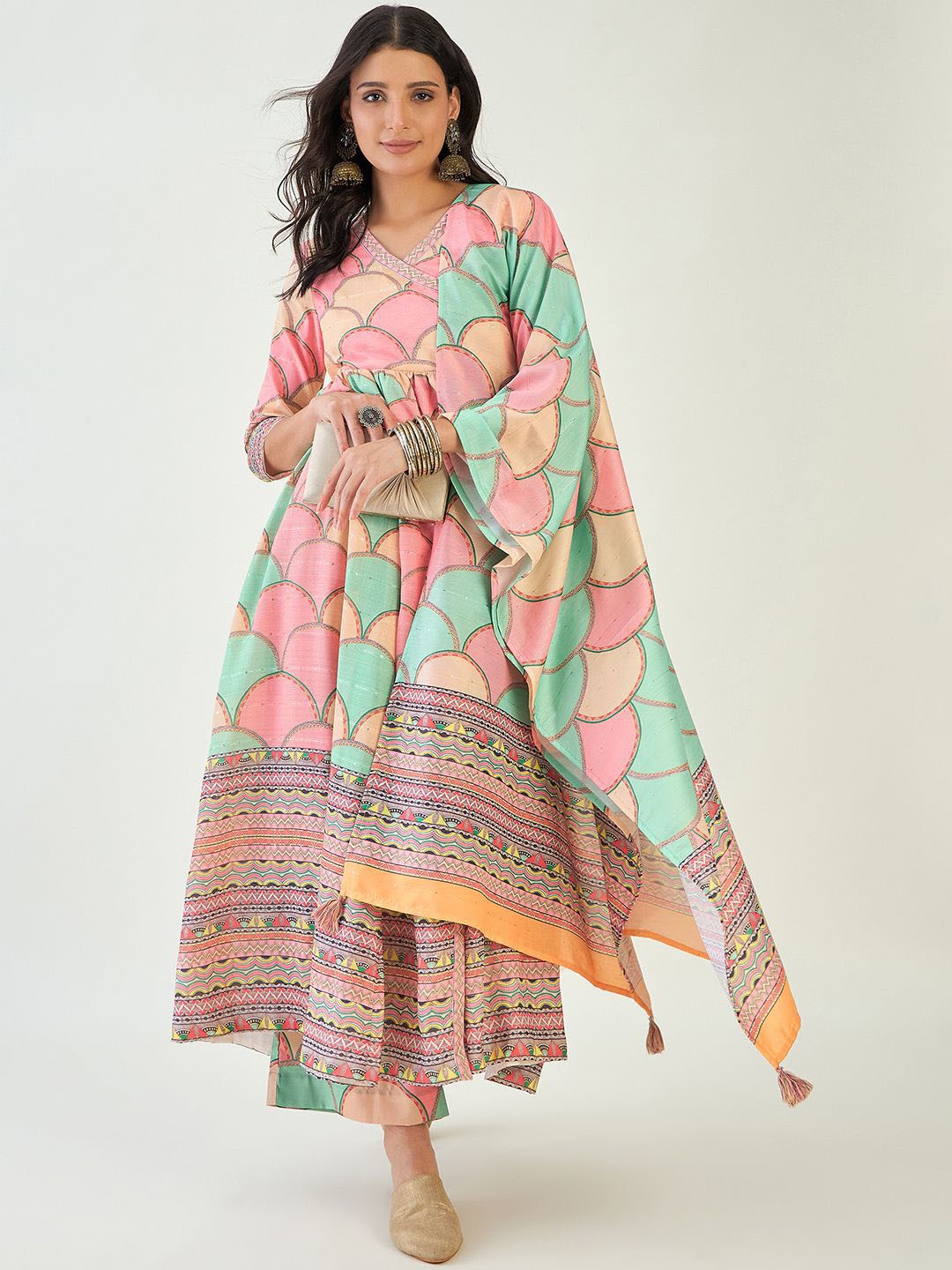 

Anouk Green and Pink Geometric Printed Angrakha Kurta with Palazzo & Dupatta
