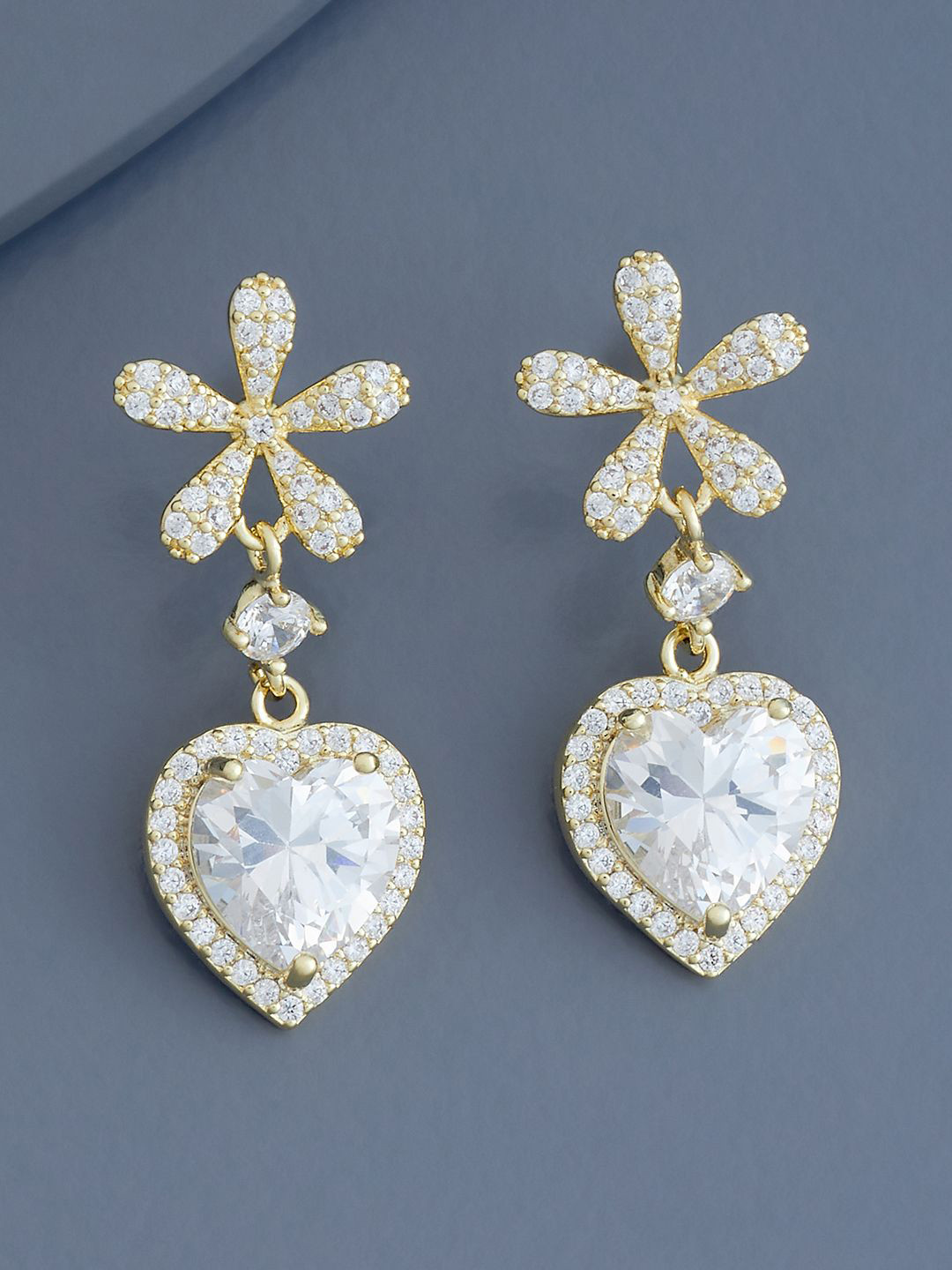 

Kushal's Fashion Jewellery Gold-Plated Heart Shaped Cubic Zirconia Drop Earrings