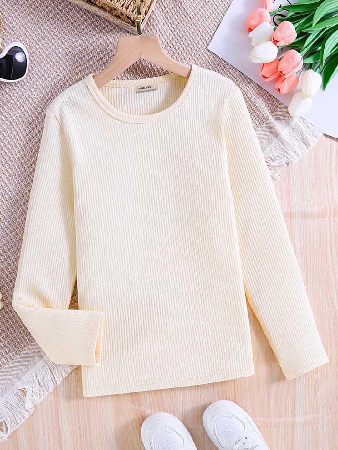 

INCLUD Girls Self Design Full Sleeves Knitted Top, Beige