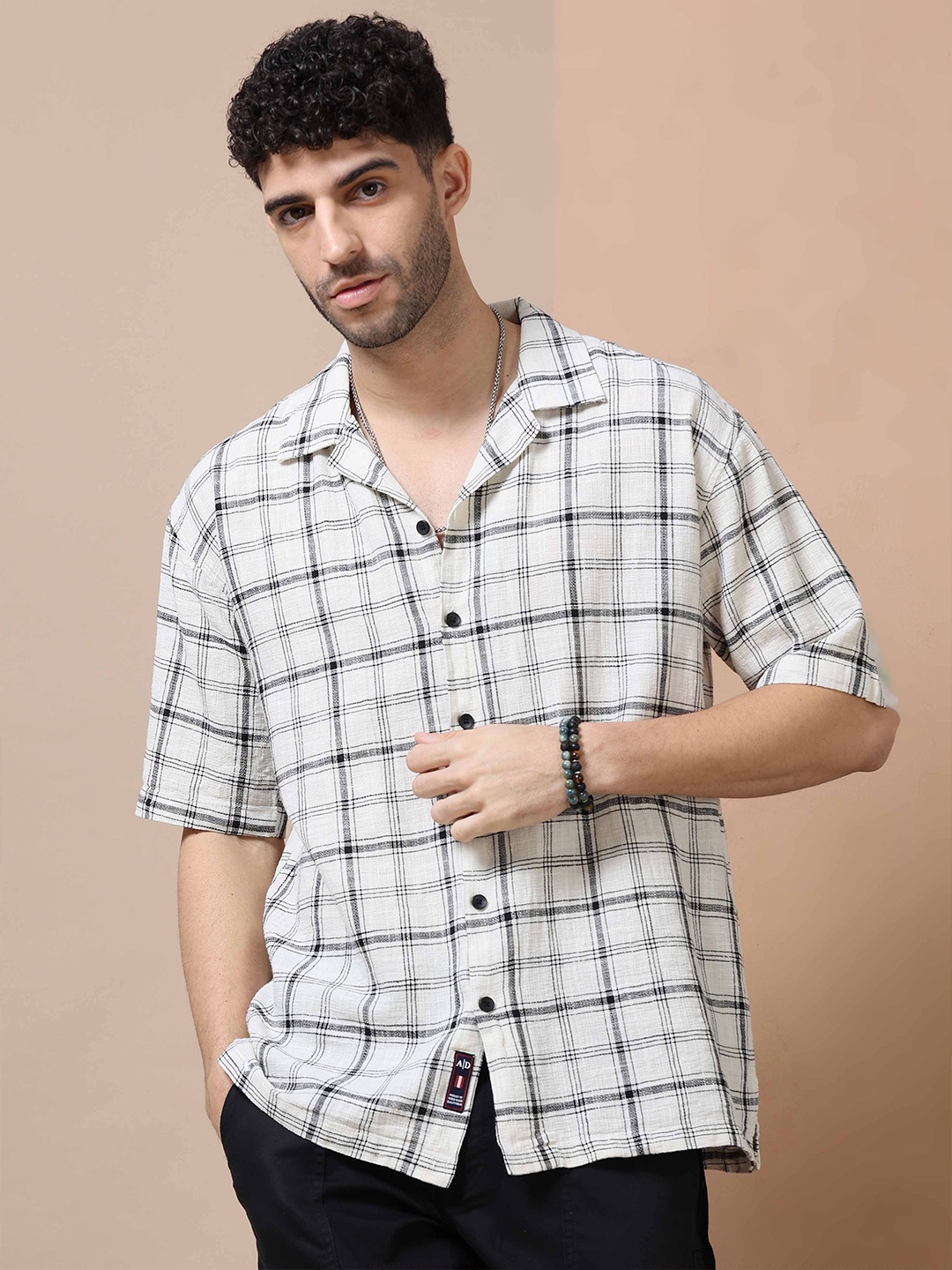 

HOUSE OF MAHNOTS Men Relaxed Cuban Collar Tartan Checked Linen Oversized Casual Shirt, Beige