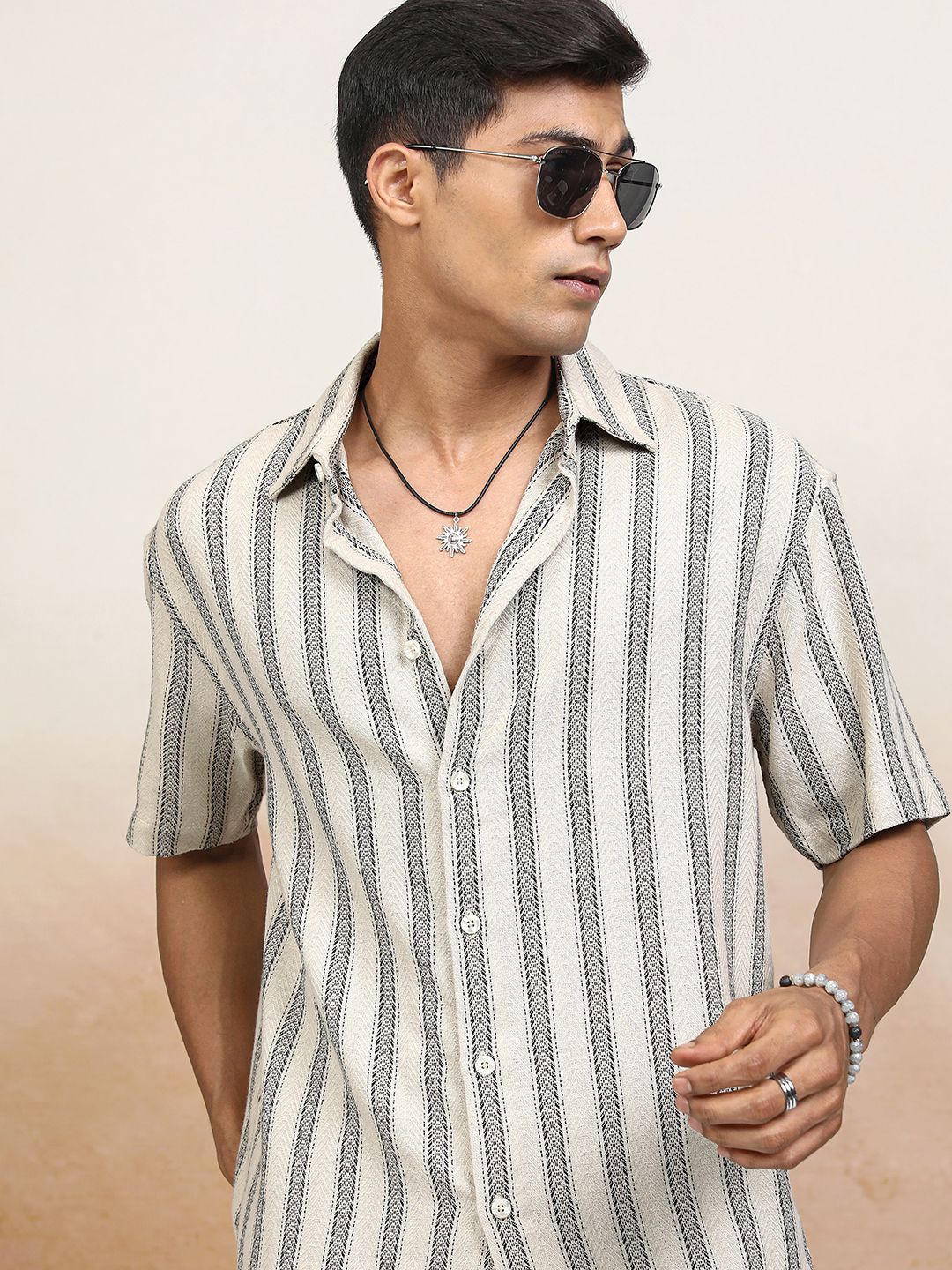 

Locomotive Premium Men Dobby Textured Striped Oversized Shirt, Beige