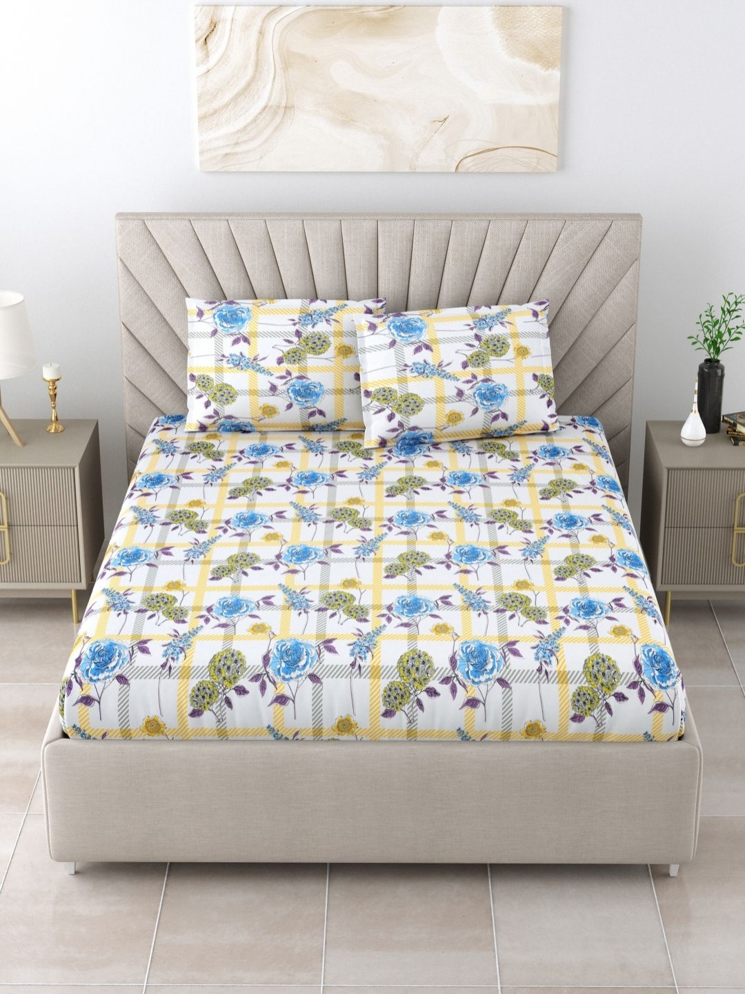 

BOMBAY DYEING Florentine Blue Floral Cotton 144 TC Queen Bedsheet Set 2.28 m x 2.54 m