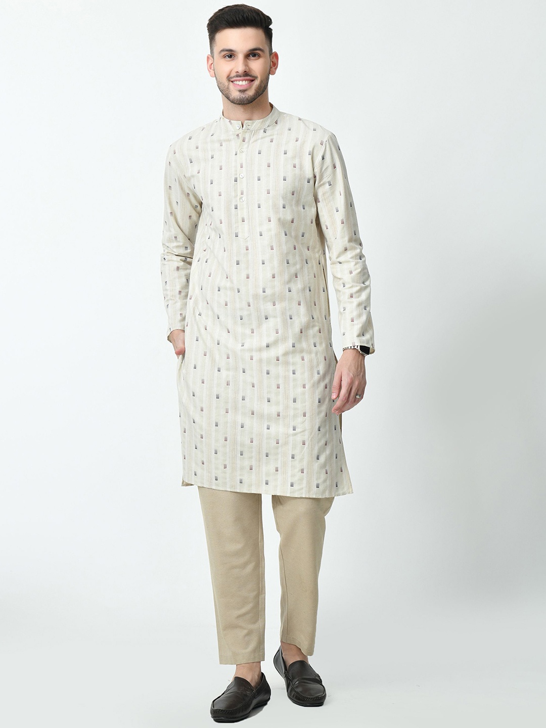 

AMBI Geometric Woven Design Band Collar Long Sleeves Regular Straight Kurta, Beige