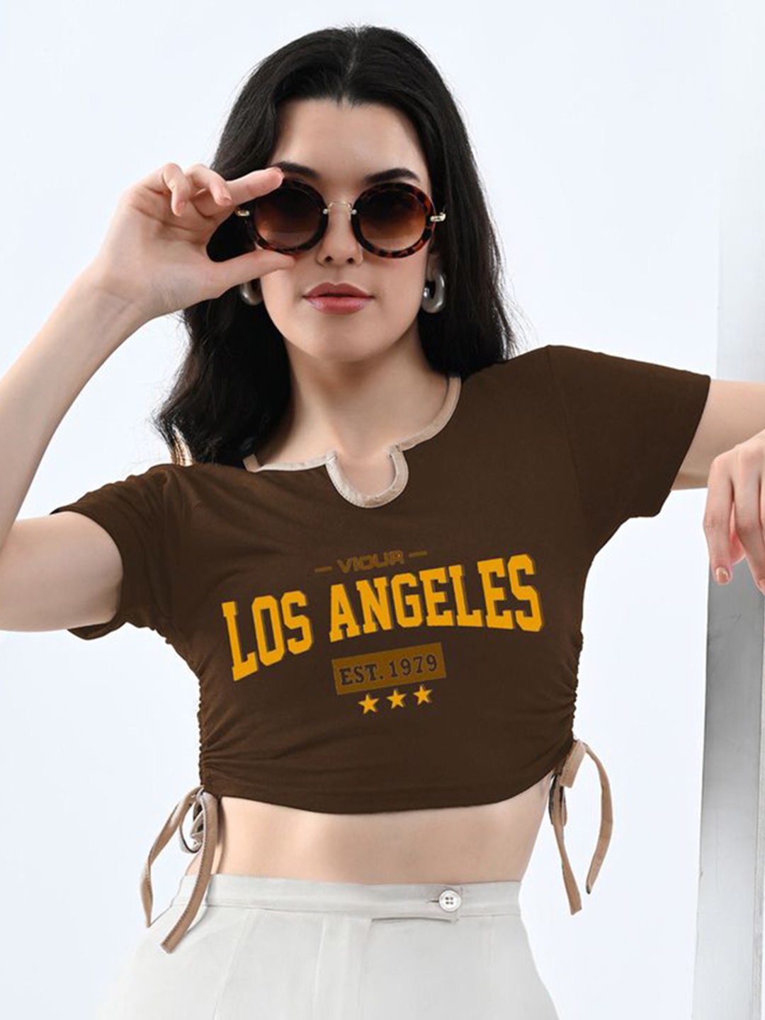 

Genzy Women Cotton round neck printed typography Crop top, Brown