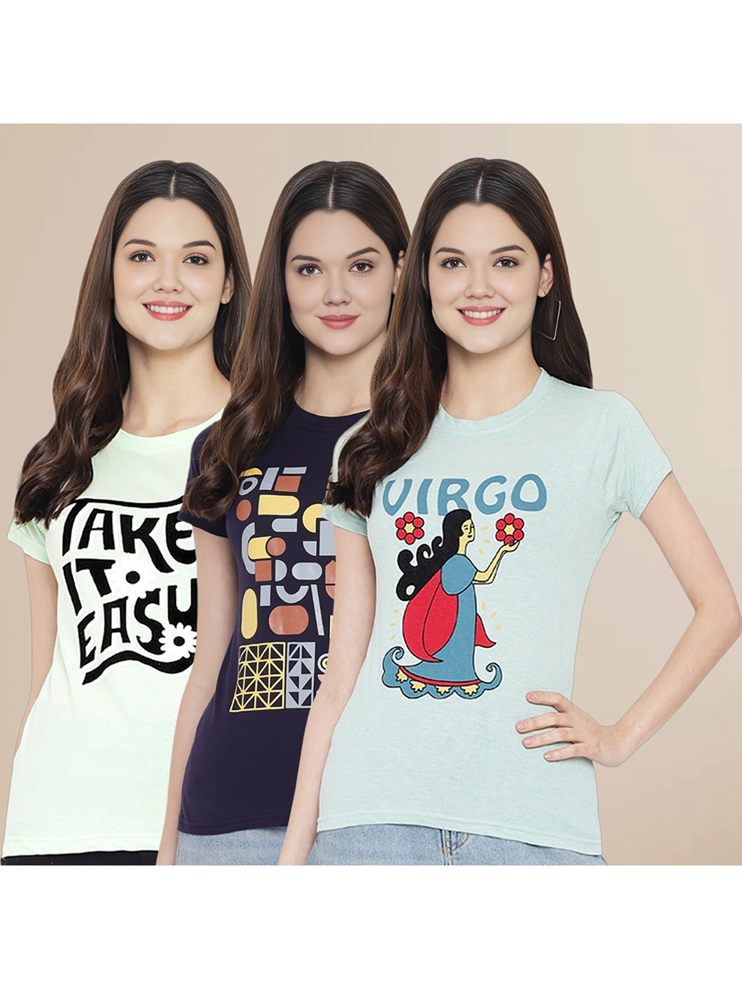

Metronaut Women Pack Of 3 Typography Printed Round Neck Cotton T-shirts, Navy blue