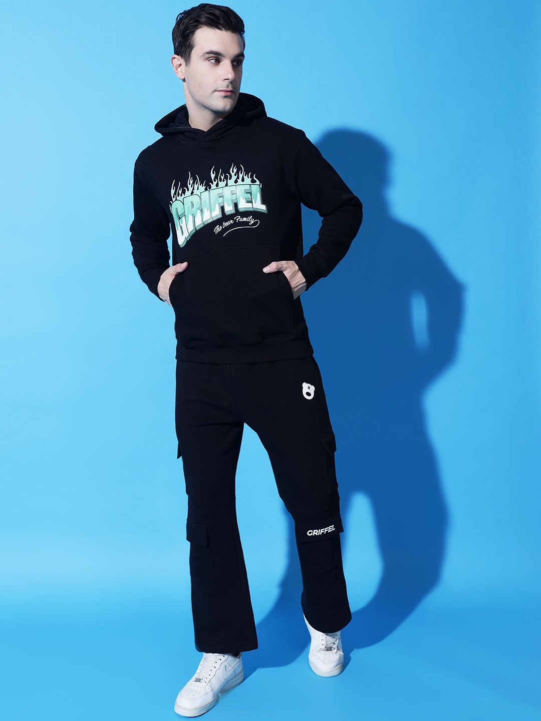 

GRIFFEL Men Printed Mid-Rise Hooded Tracksuits, Black