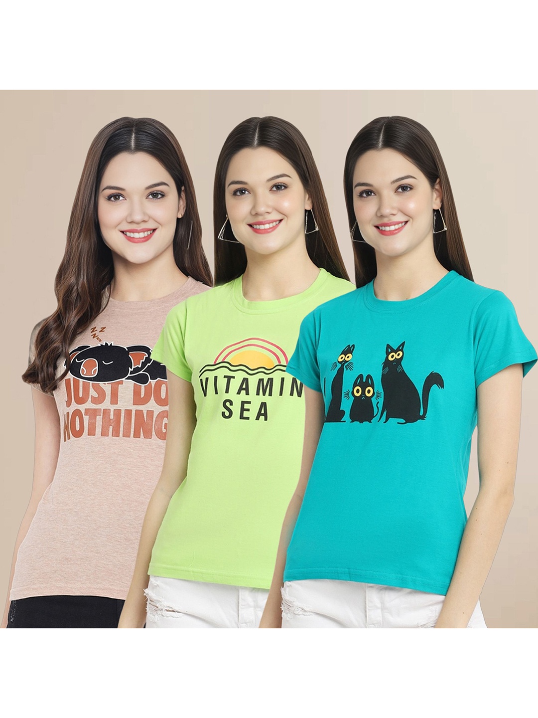 

Metronaut Women Pack Of 3 Typography Printed Round Neck Cotton T-shirts, Green