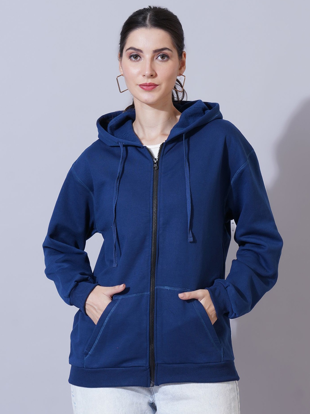 

U&F Women Cotton Solid Hooded Sweatshirt, Navy blue