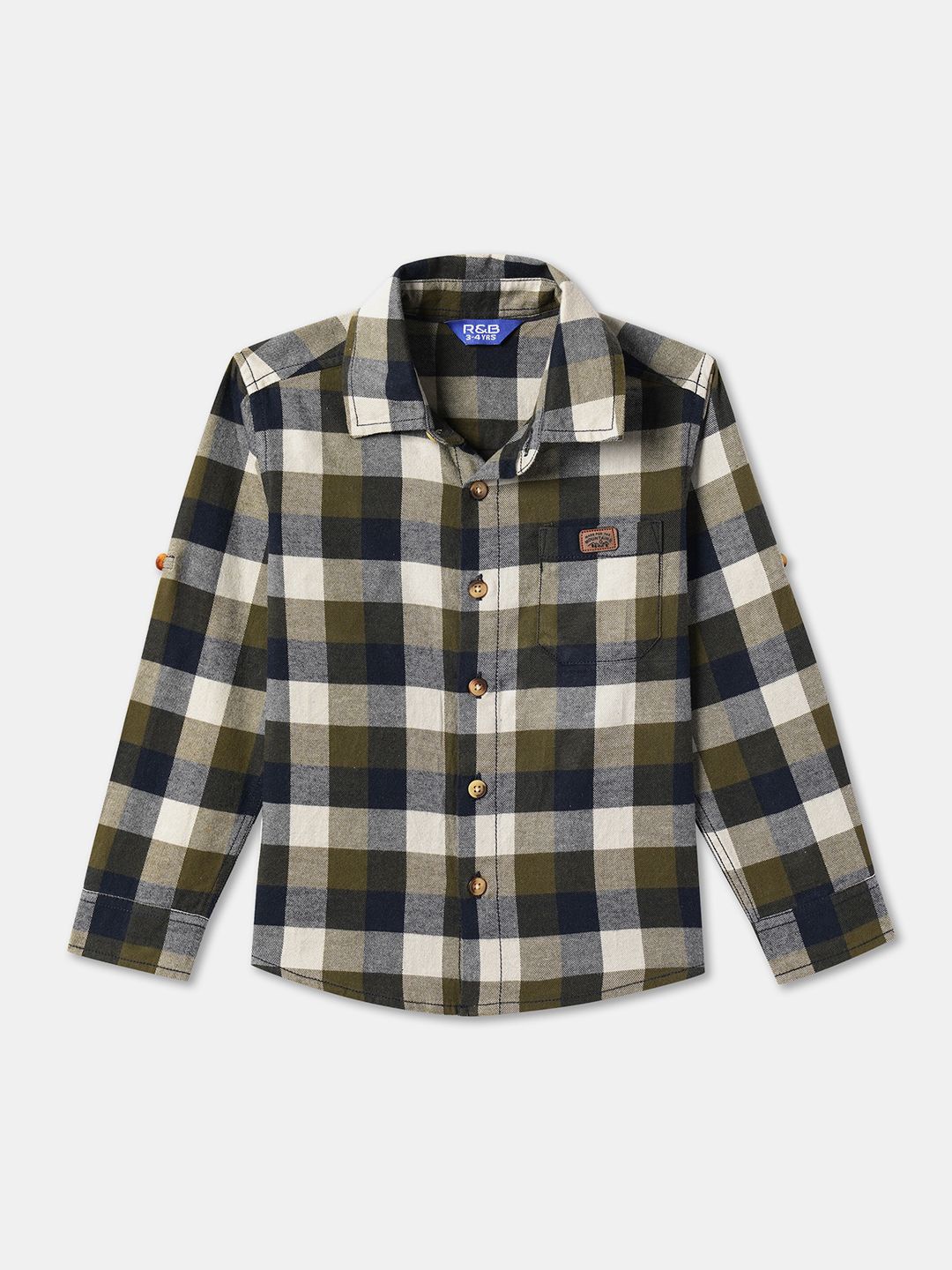 

R&B Boys Button-Down Collar Buffalo Checked Cotton Casual Shirt, Olive