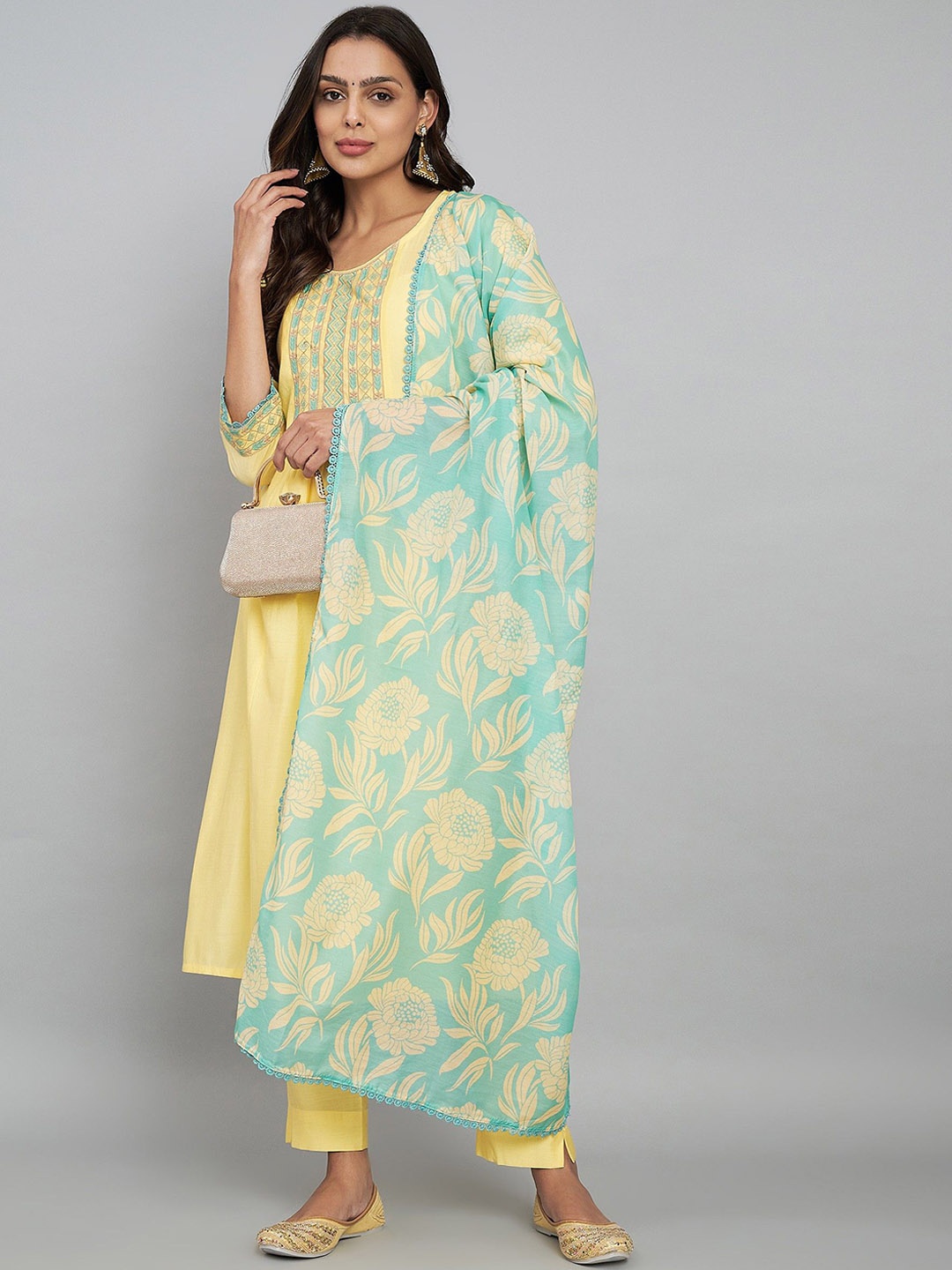 

all about you Floral Embroidered Thread Work Straight Kurta with Trouser & Dupatta, Yellow