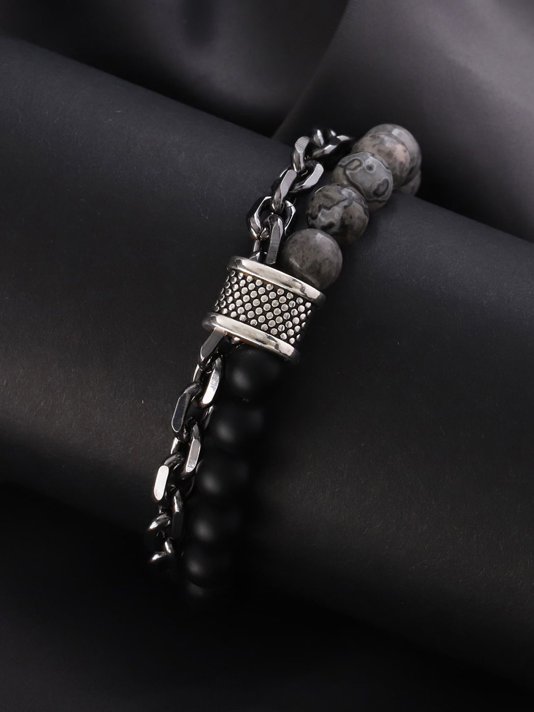 

Jewels Galaxy Men Silver-Plated Beaded Elasticated Bracelet, Black