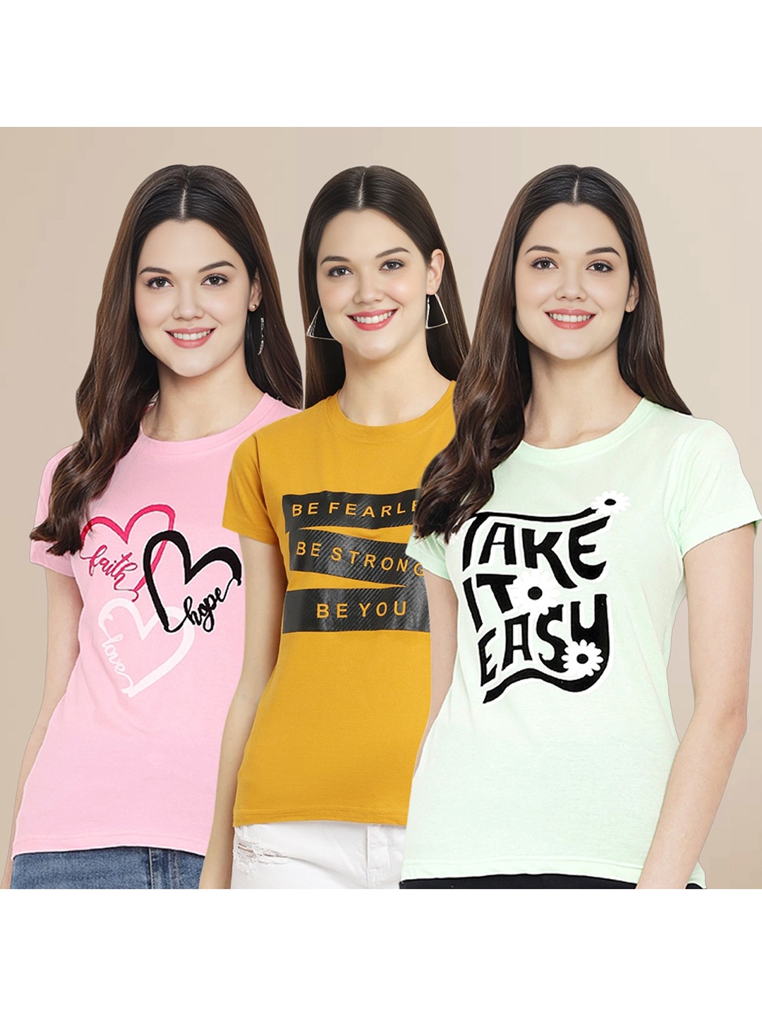 

Metronaut Women Pack Of 3 Typography Printed Round Neck Cotton T-shirts, Pink