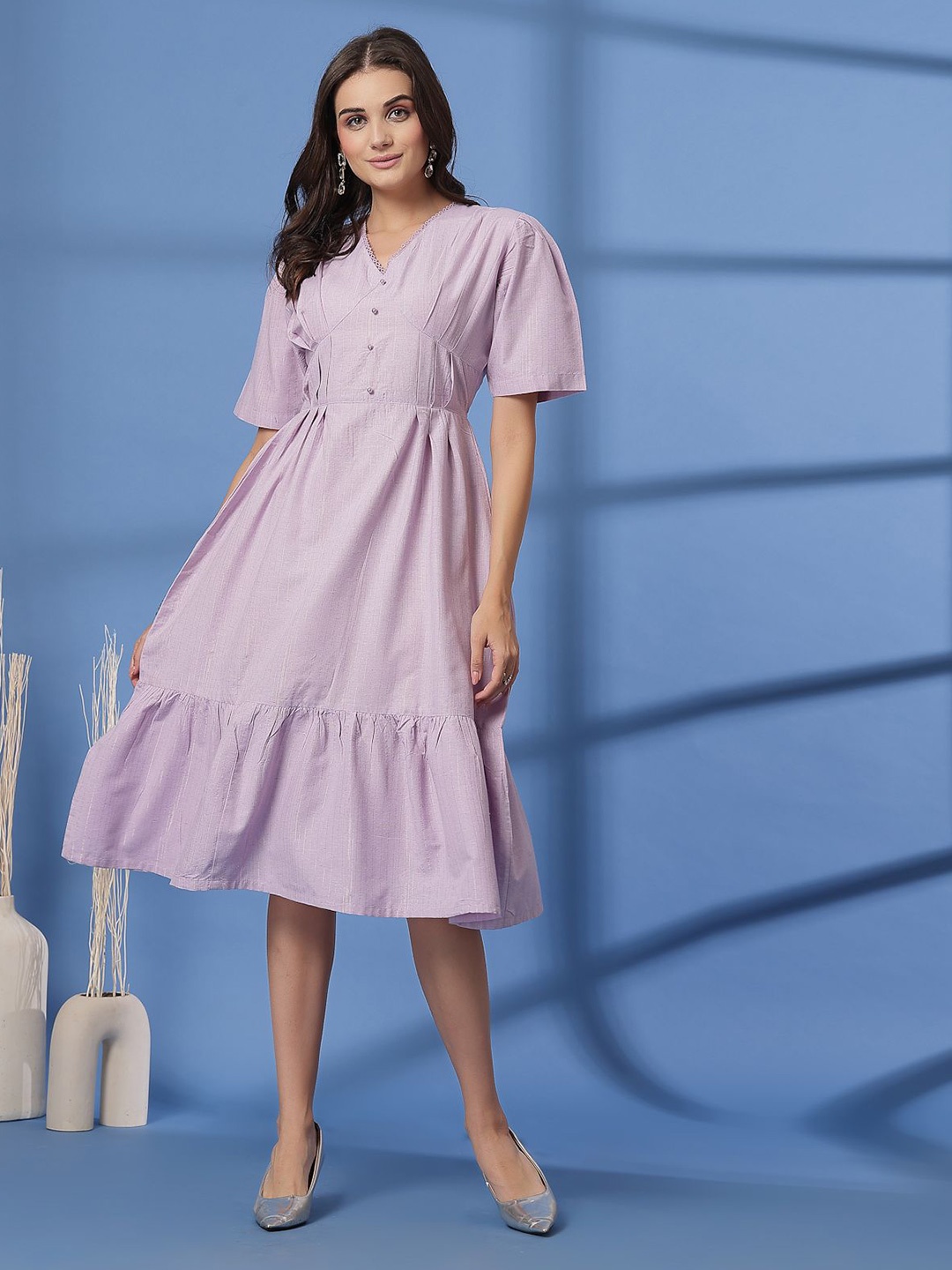 

plusS Women Cotton Fit & Flare V Neck Short Sleeves Midi Dress, Purple