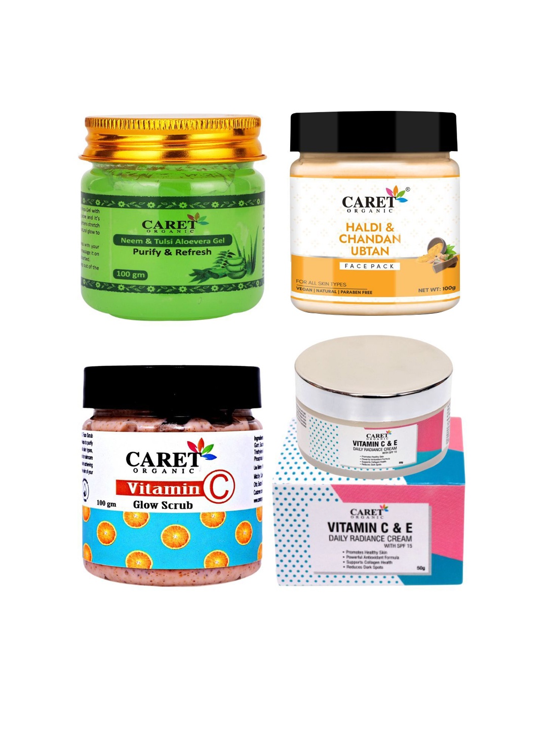 

CARET ORGANIC Set Of 4 Aloevera Gel with Face Pack & Scrub with Cream, White