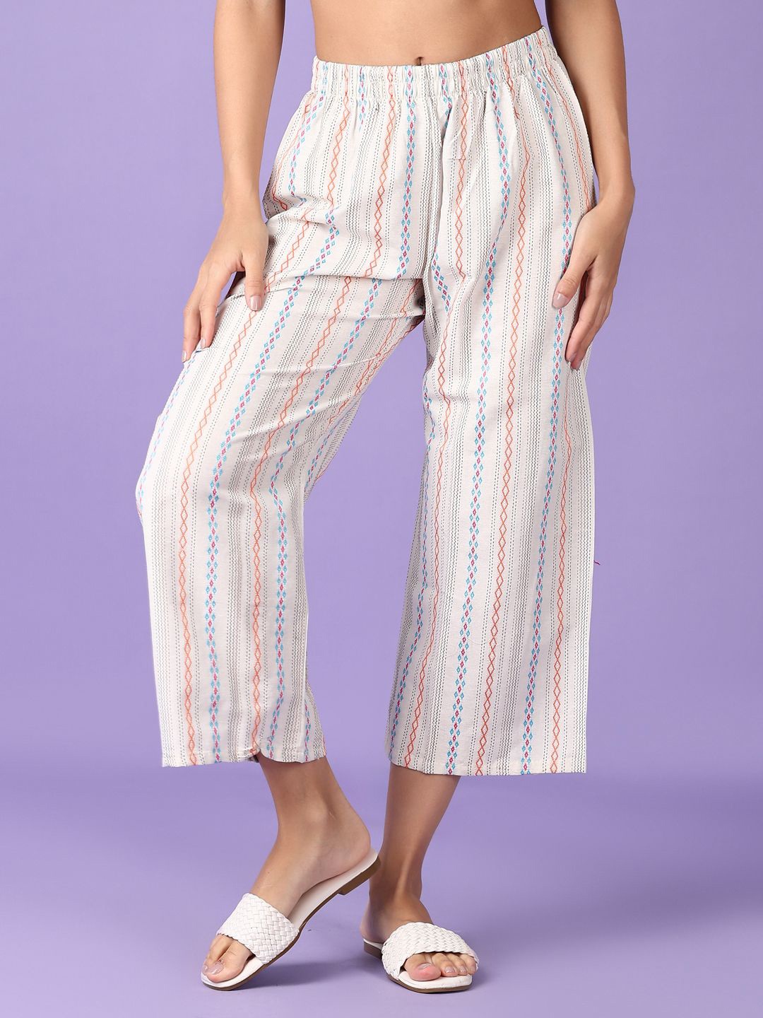 

V-Mart Women Striped Cotton Knitted Ethnic Palazzos, Off white
