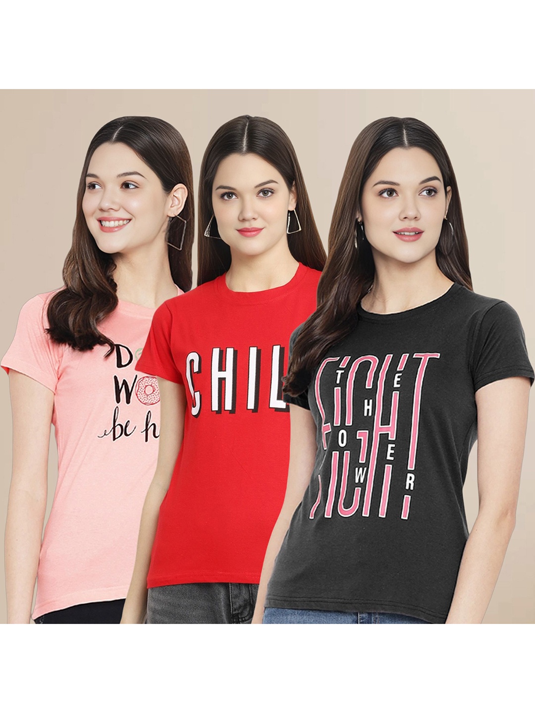 

Metronaut Women Pack Of 3 Typography Printed Round Neck Cotton T-shirts, Peach