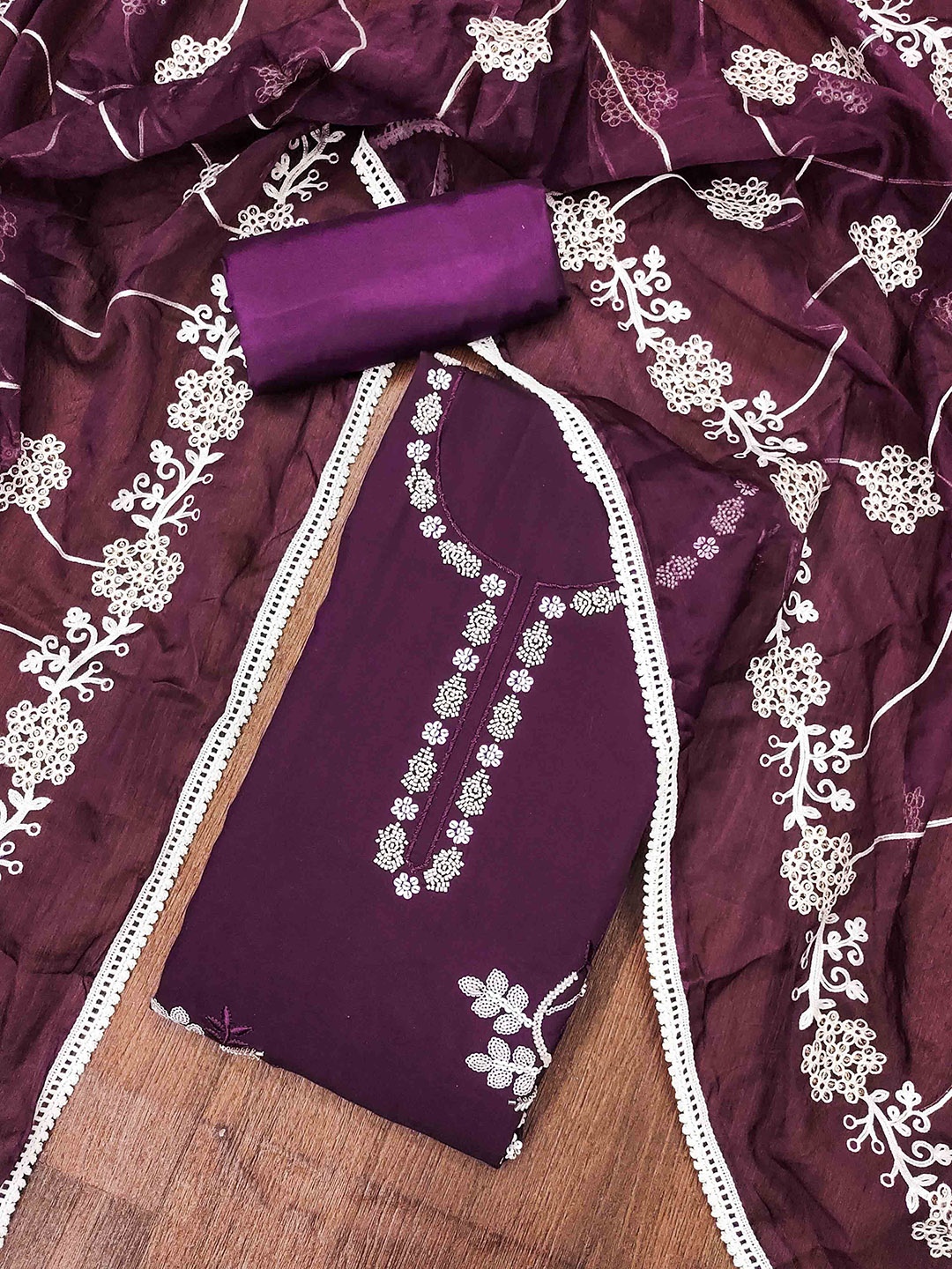 

KALINI Floral Embroidered Beads & Stones Unstitched Dress Material, Purple