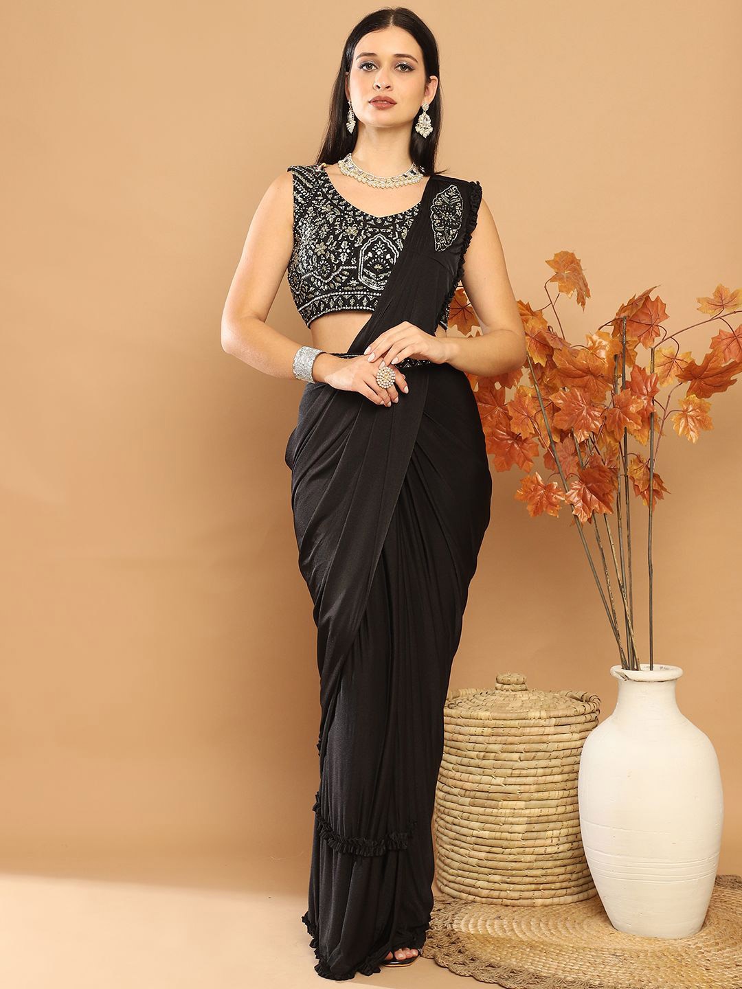 

Mitera Beads and Stones Ready to Wear Saree with Stitched Blouse, Black