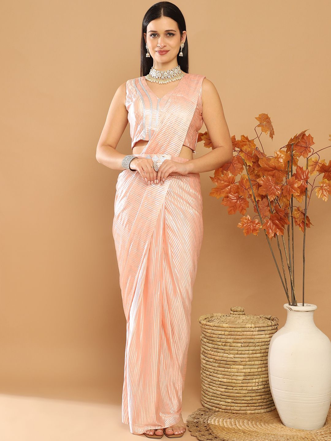 

Mitera Ready to Wear Leheriya Saree, Peach