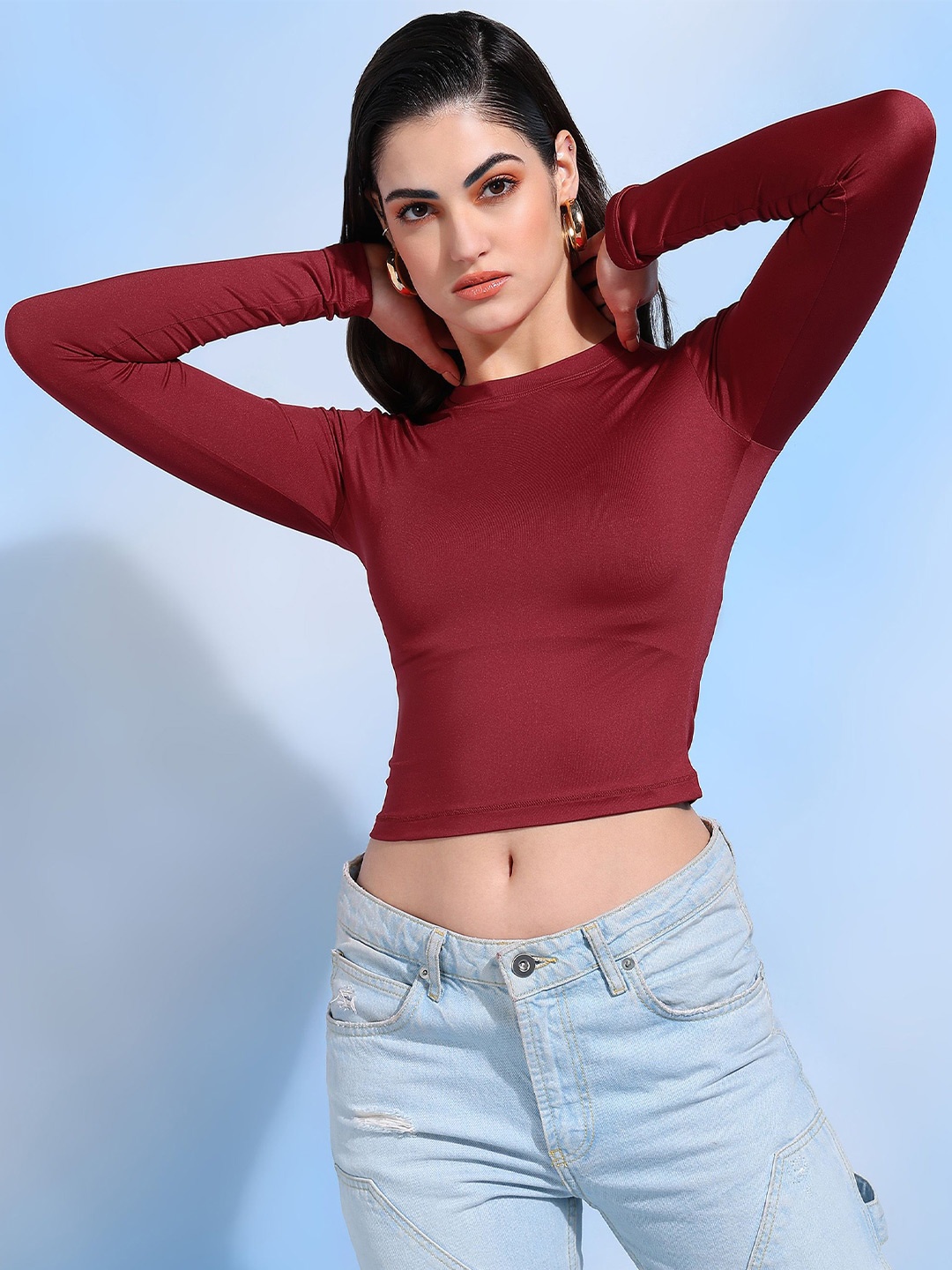 

DLOB Women Solid Long Sleeves Round Neck Crop Top, Red
