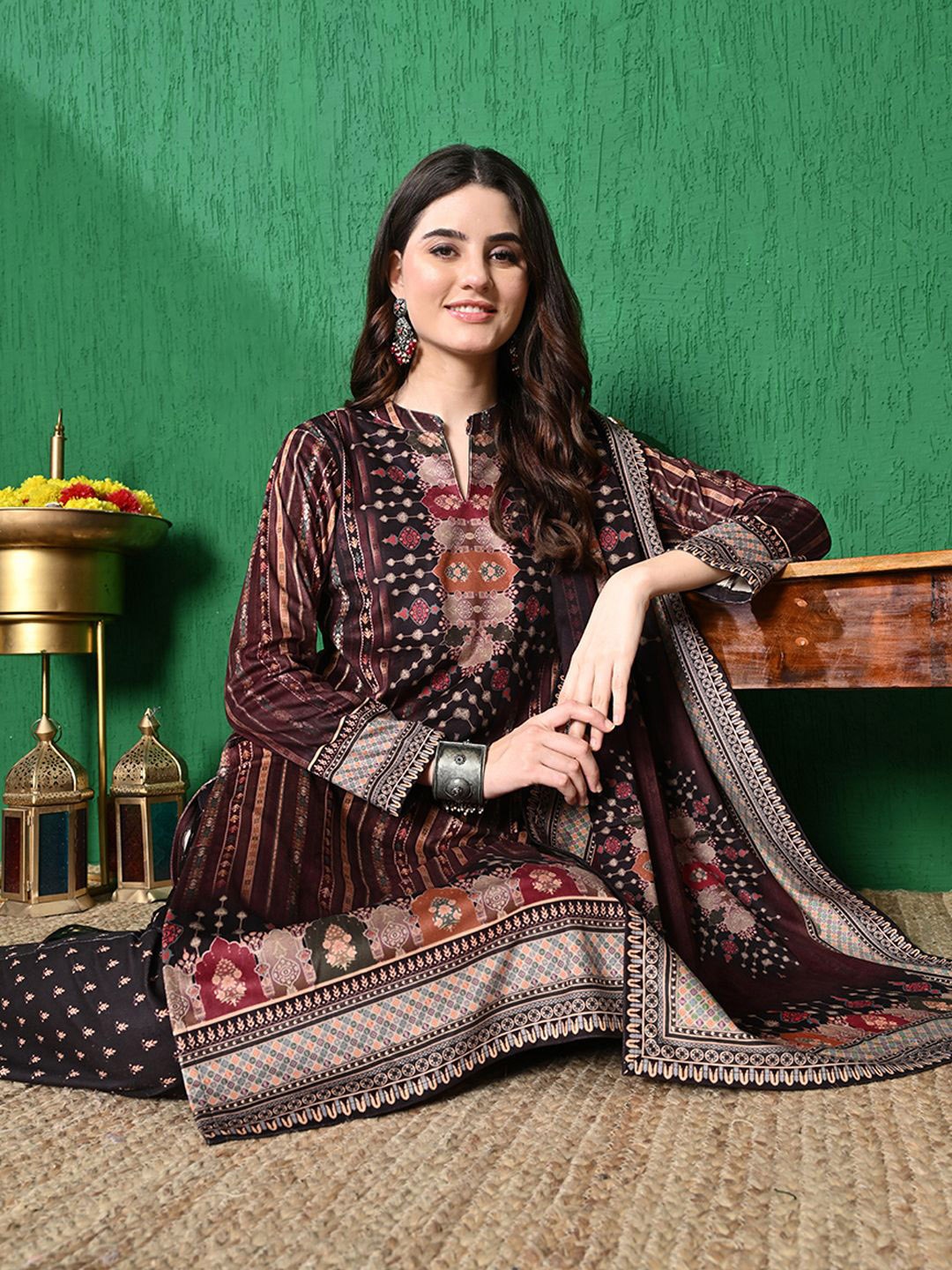 

Sangria Ethnic Motifs Winter Velvet Straight Kurta & Trouser With Dupatta, Brown