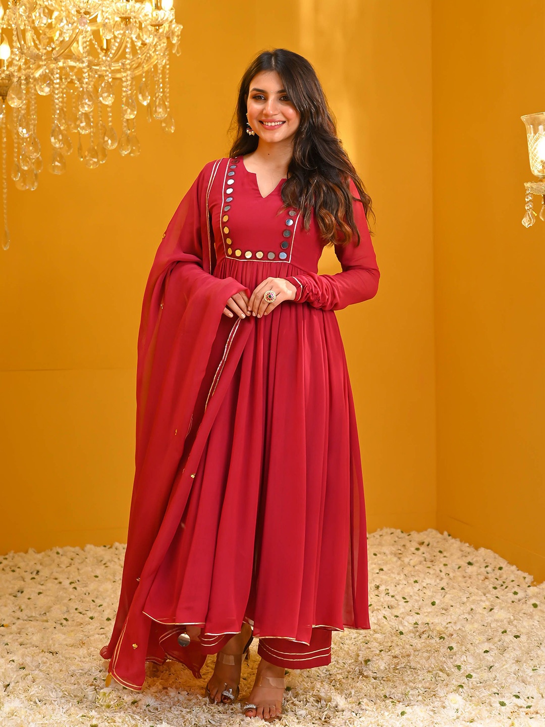 

Bunaai Geometric Yoke Design Mirror Work Georgette Anarkali Kurta & Trouser & Dupatta, Fuchsia