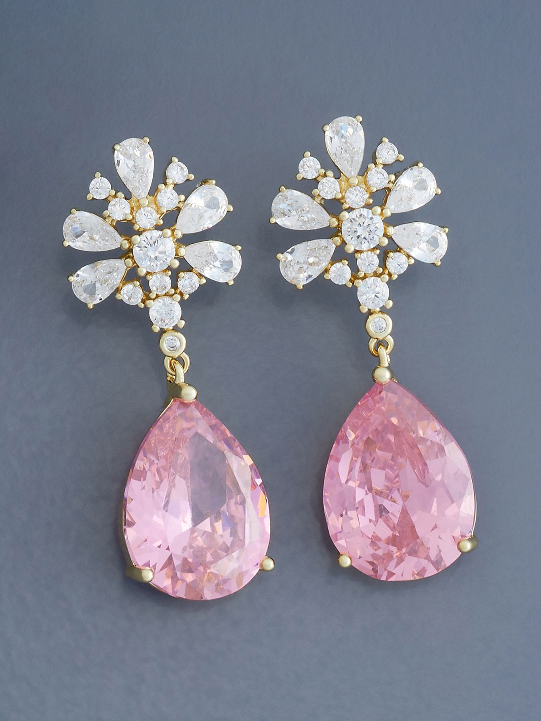 

Kushal's Fashion Jewellery Gold Plated Cubic Zirconia Studded Teardrop Shaped Earrings, Pink