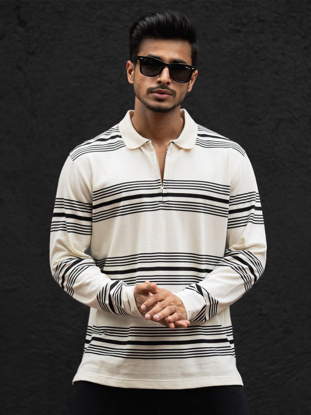 

Powerlook Men Striped Polo Collar Cotton T-shirt, White