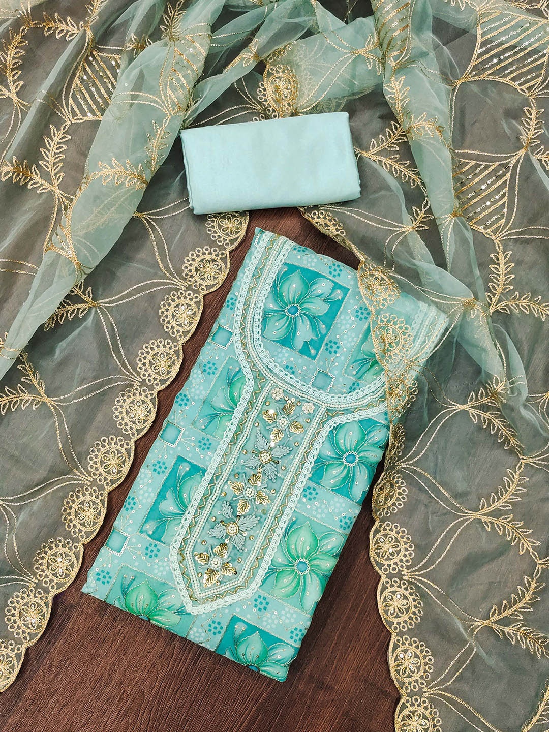 

Maroosh Embellished Beads and Stones Organza Unstitched Dress Material, Sea green