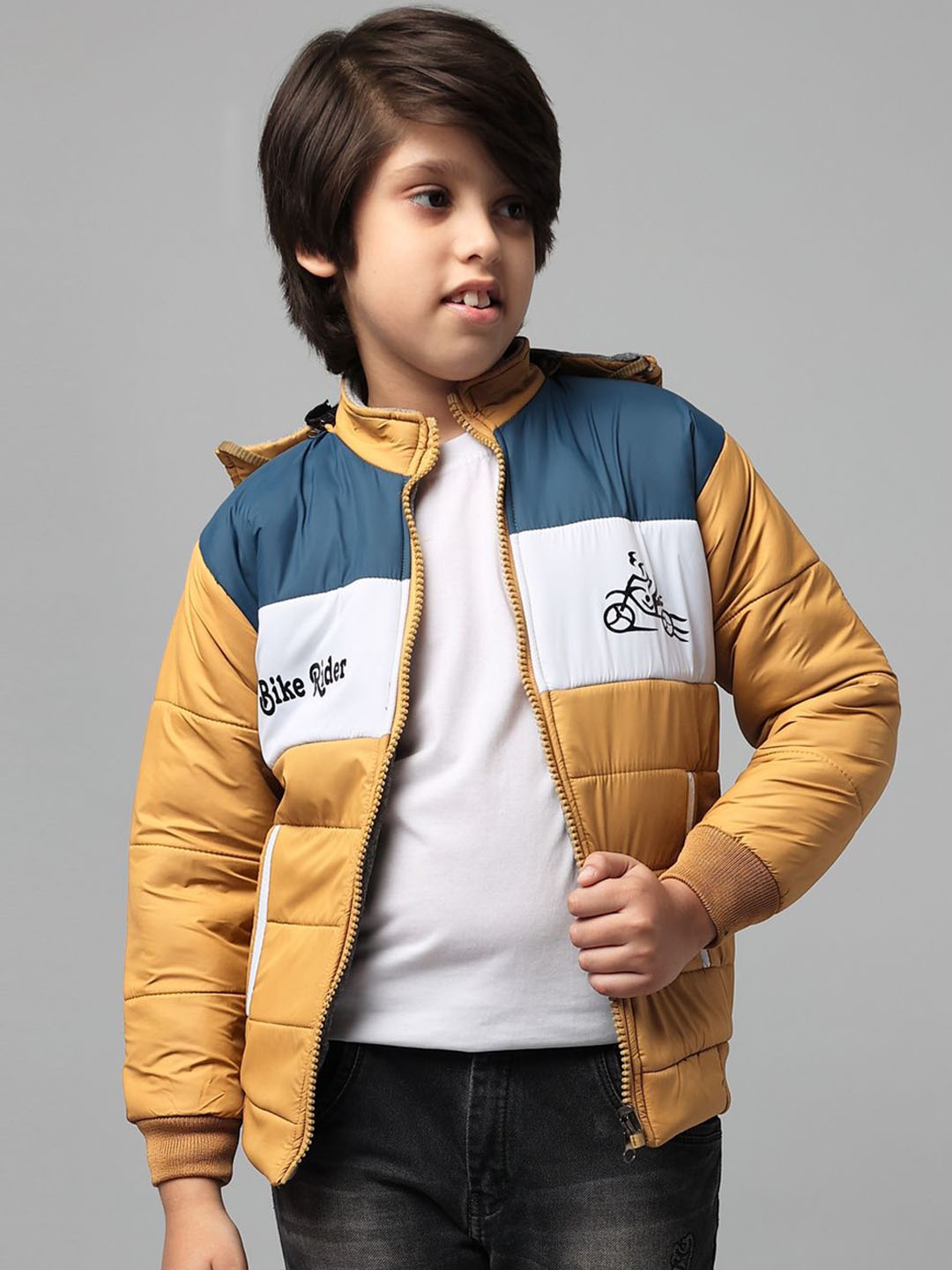

Anixa Boys Mock Collar Colourblocked Casual Padded Jacket, Mustard
