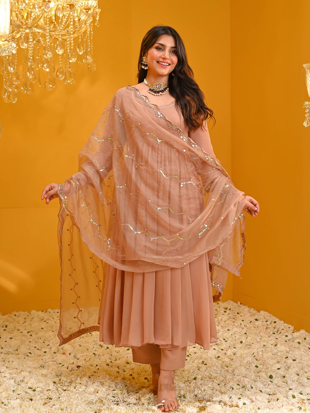 

Bunaai Round Neck Sequinned Anarkali Kurta With Trousers & Dupatta, Mauve