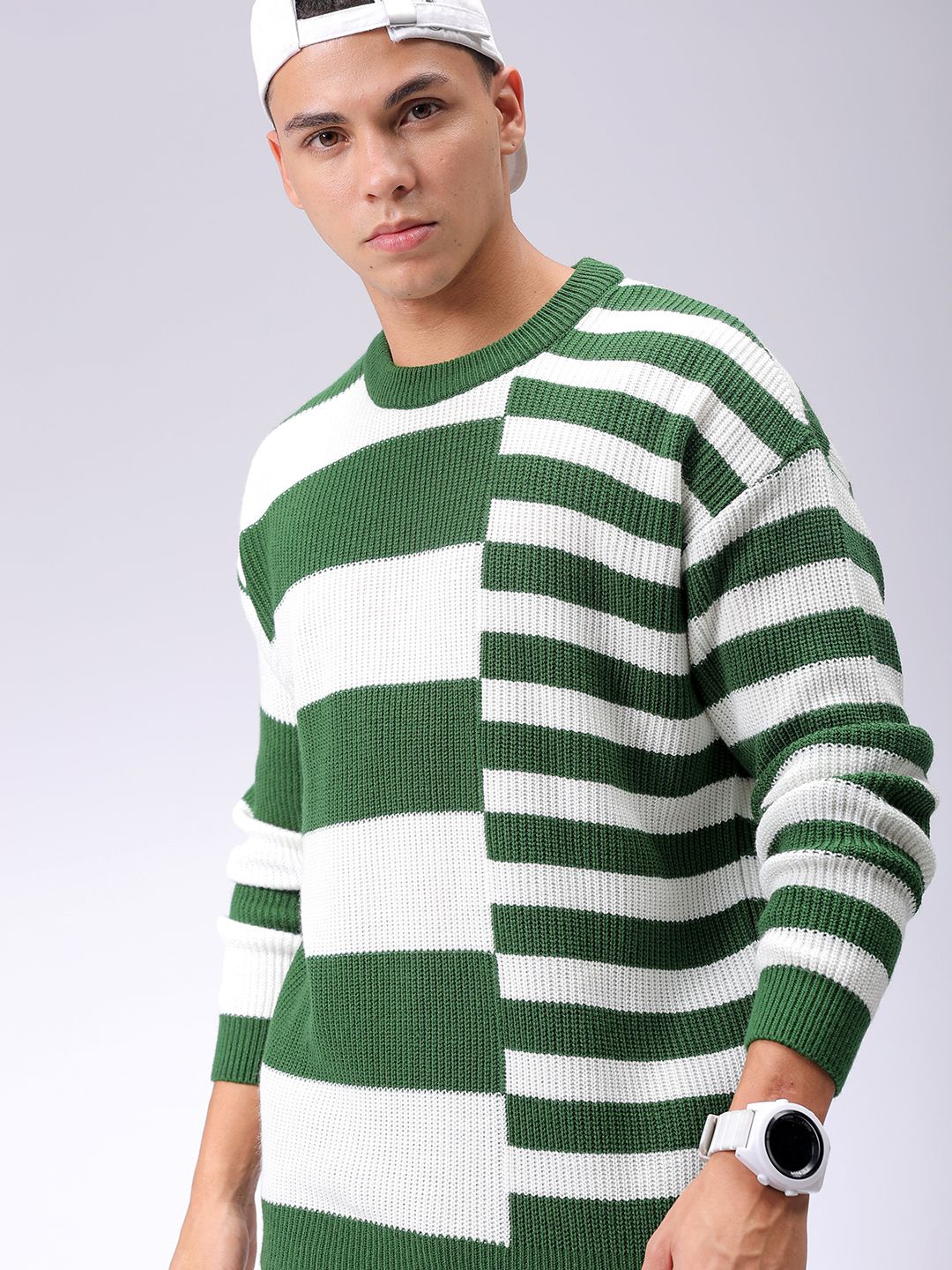 

The Indian Garage Co Men Round Neck Long Sleeves Striped Pullover, Green