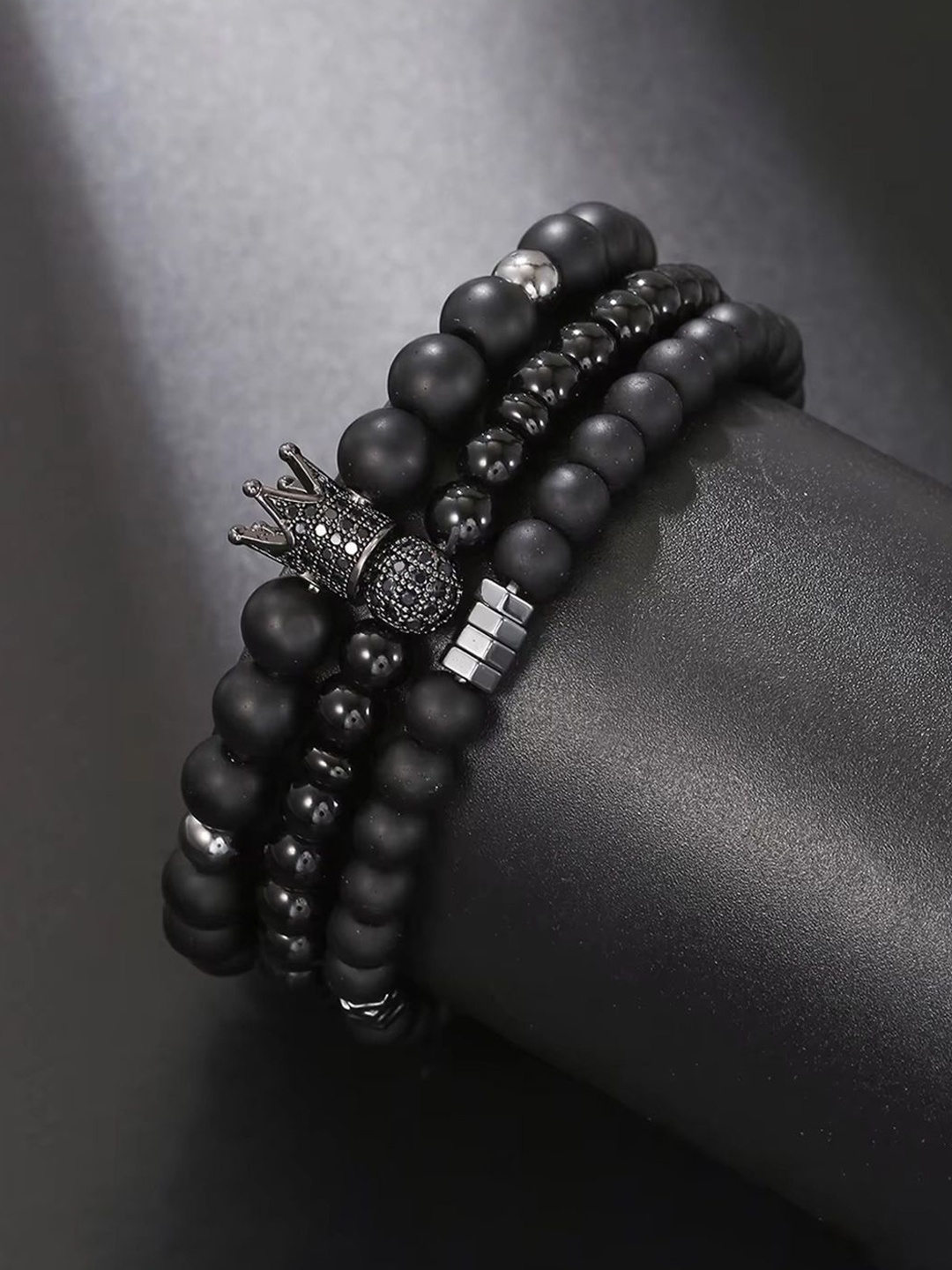 

Jewels Galaxy Men Set Of 3 Silver-Plated Beaded Elasticated Bracelets, Black