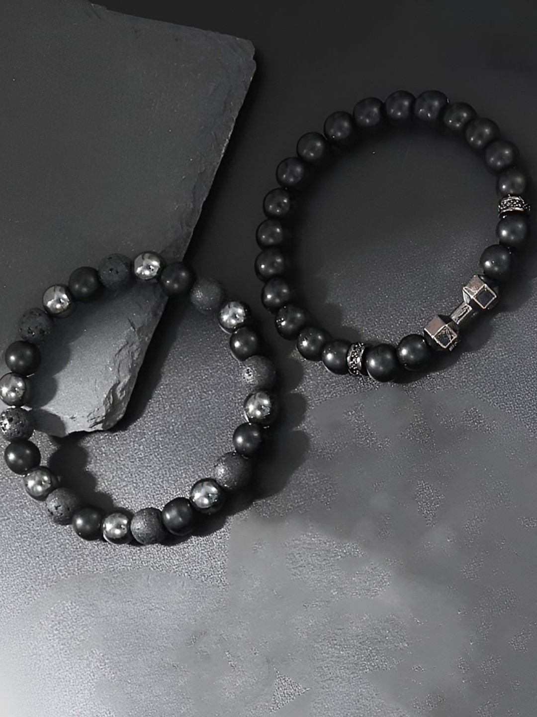 

Jewels Galaxy Men Set Of 2 Silver-Plated Beaded Elasticated Bracelets, Black