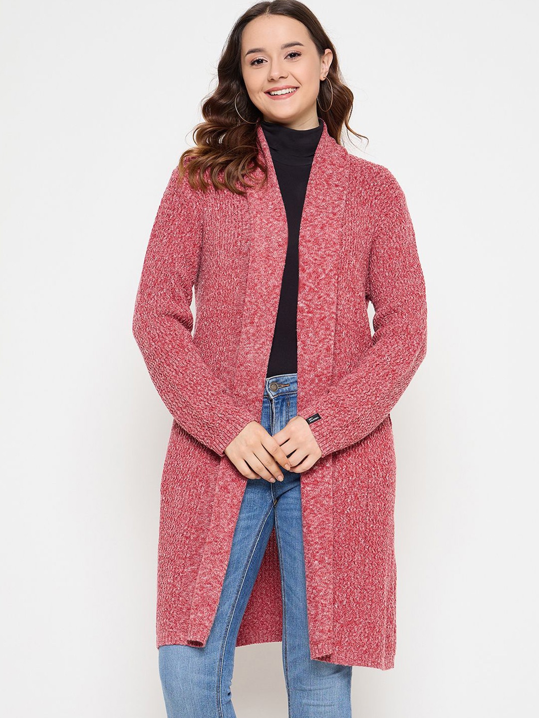 

CREATIVE LINE Self Design Longline Woollen Open Front Shrug, Red