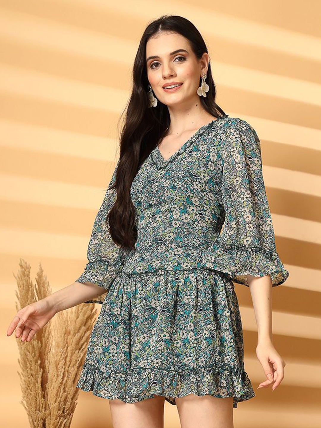 

aayu Women Floral Printed Bell Sleeve Fit & Flare Dress, Green