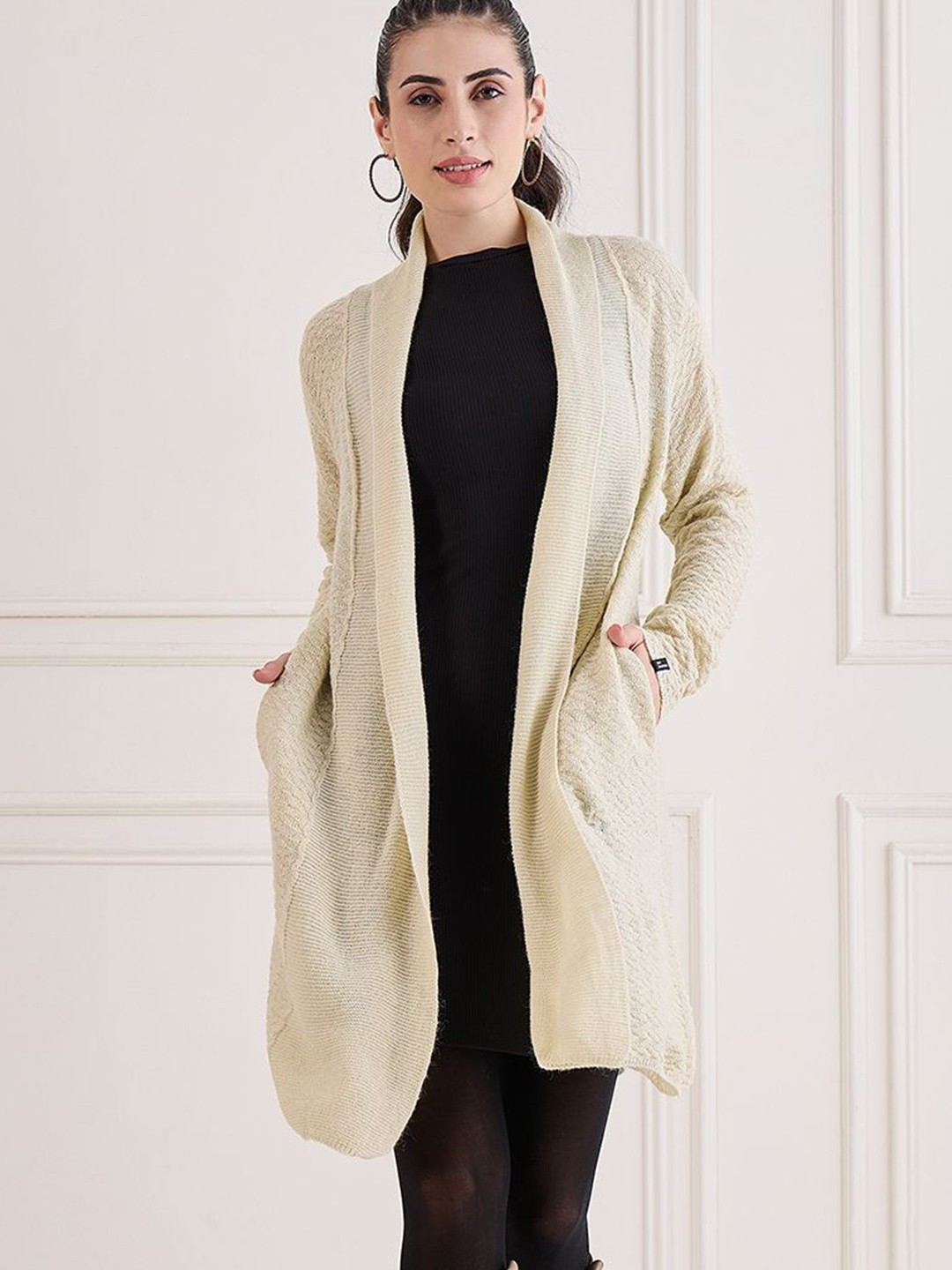 

CREATIVE LINE Self Design Longline Woollen Open Front Shrug, Beige
