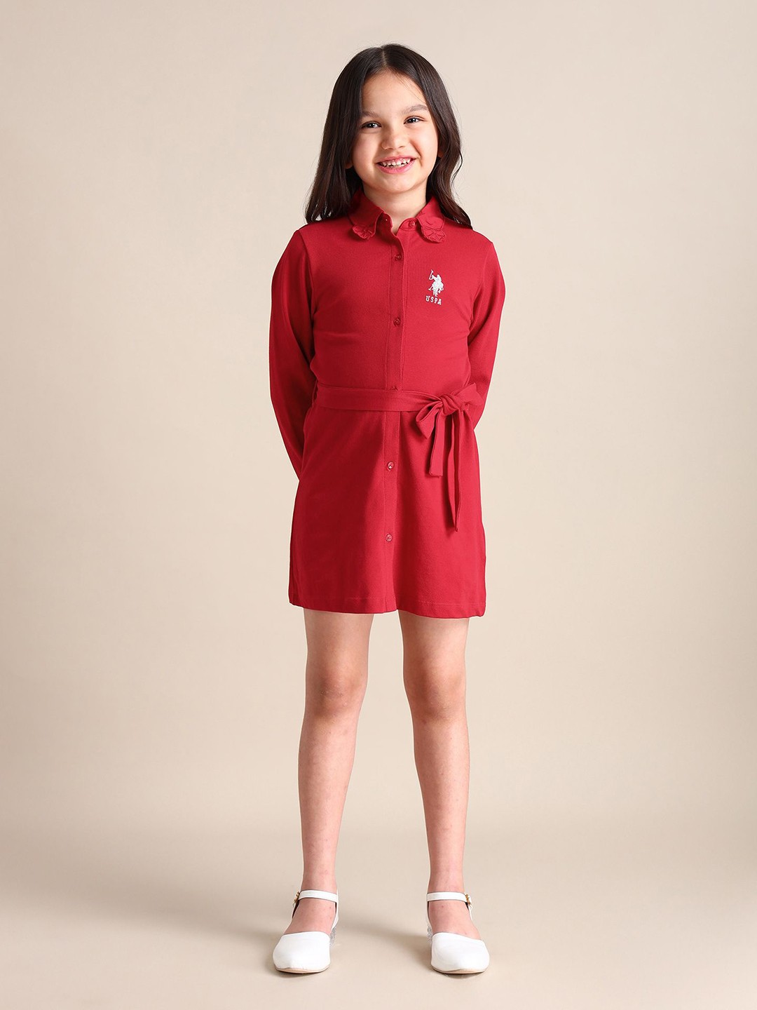 

U.S. Polo Assn. Kids Girls Cotton Bishop Sleeve Shirt Mini Dress With Tie-Ups, Red