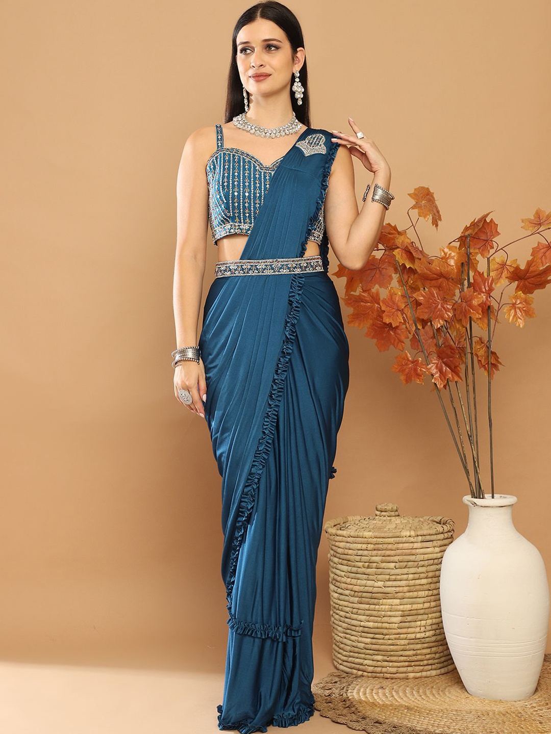 

Mitera Beads and Stones Ready to Wear Saree, Blue