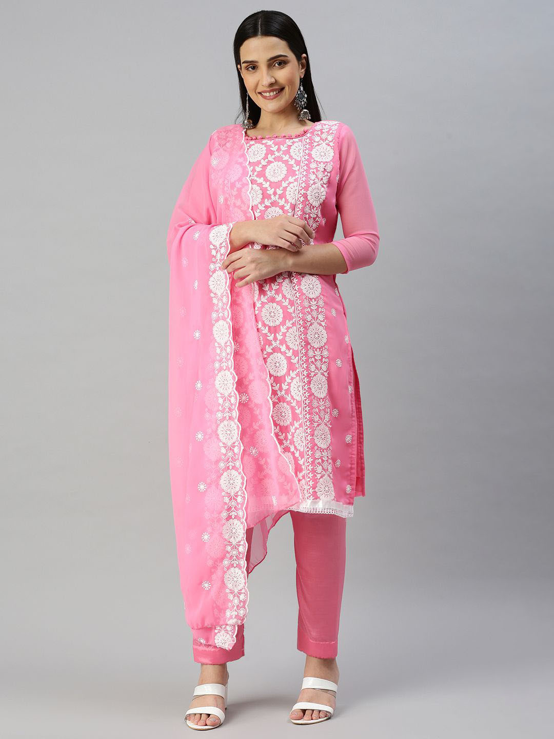 

Maroosh Floral Embroidered Unstitched Dress Material, Pink
