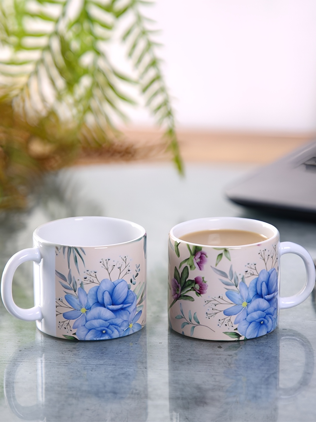 

PENTADECO Beige & Green 2 Pieces Floral Printed Ceramic Glossy Mugs