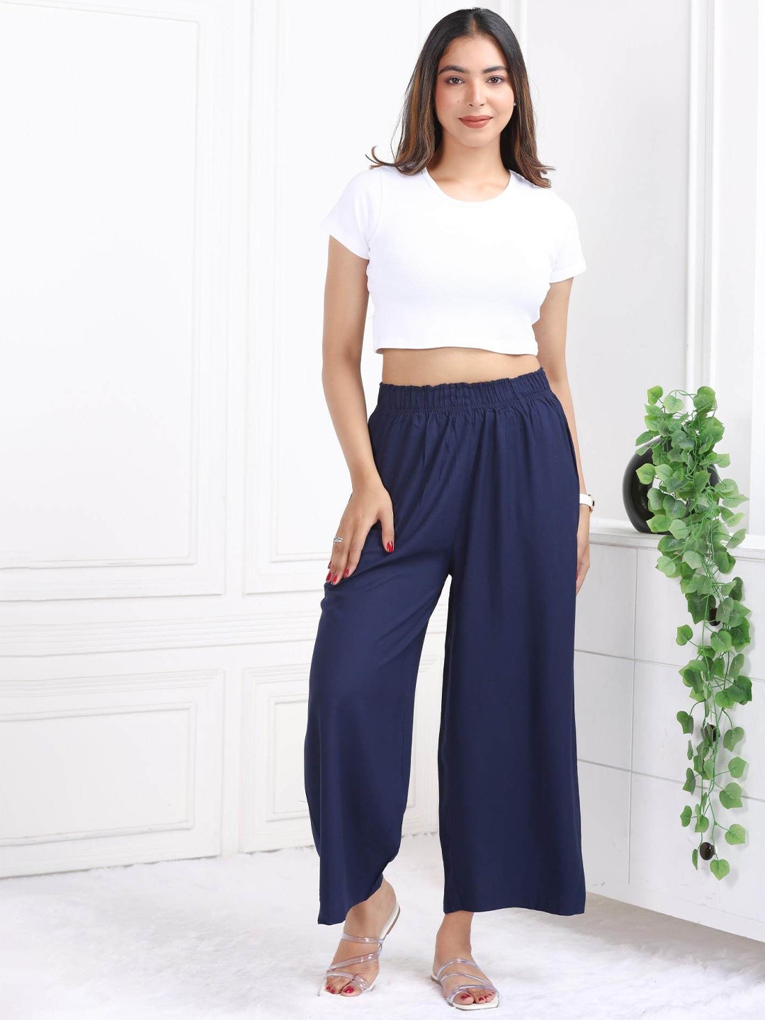 

Mlada Women Mid Rise Regular Fit Casual Palazzo Pant, Navy blue