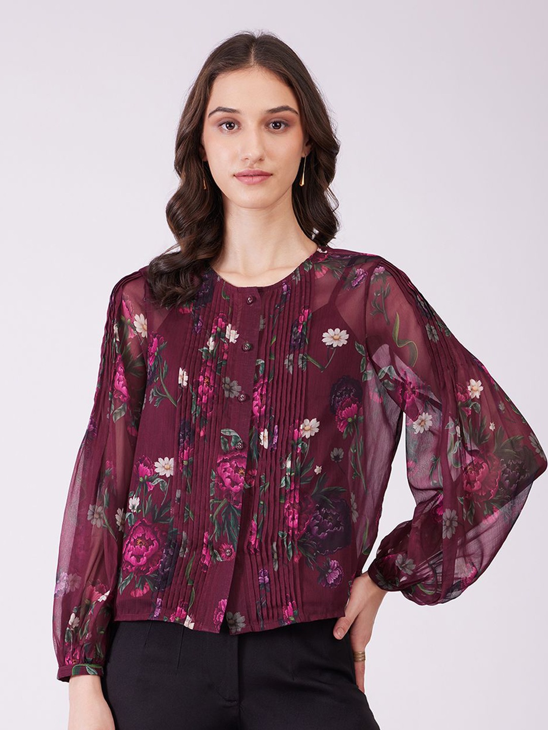 

FableStreet Women Floral Print Chiffon Top, Purple