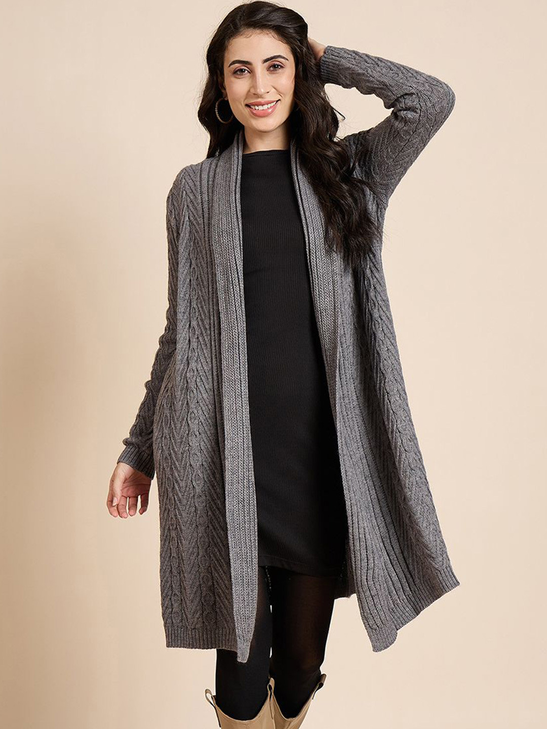 

CREATIVE LINE Self Design Longline Woollen Front Open Shrug, Grey