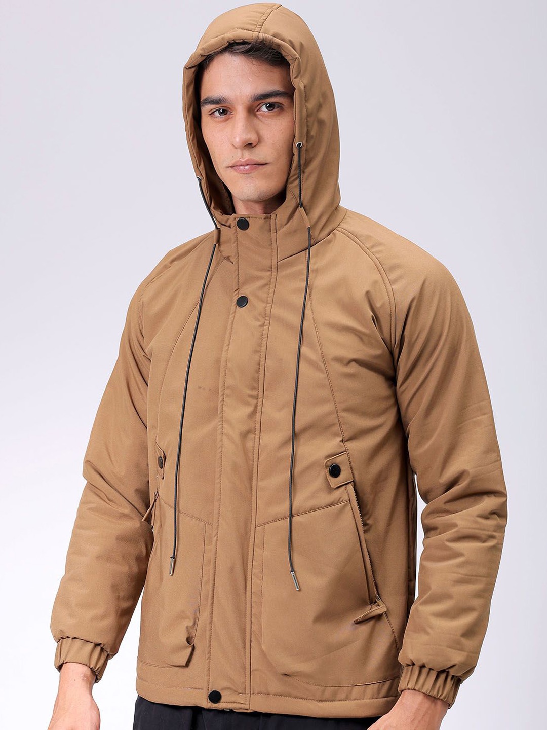 

The Indian Garage Co Men Hooded Solid Puffer Utility Jacket, Brown