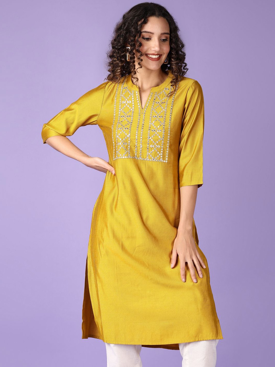 

V-Mart Geometric Yoke Design Mirror Work Band Collar Gadwal Cotton Straight Kurta, Mustard