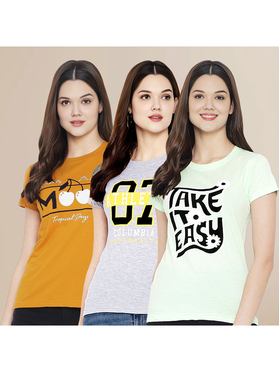 

Metronaut Women Pack Of 3 Typography Printed Round Neck Cotton T-shirts, Mustard