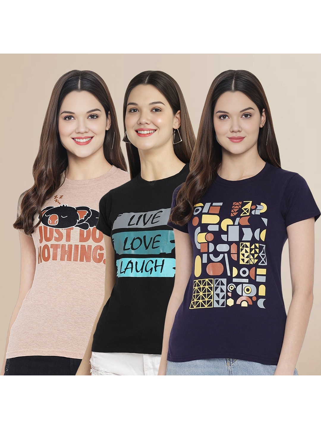 

Metronaut Women Pack Of 3 Typography Printed Round Neck Cotton T-shirts, Beige