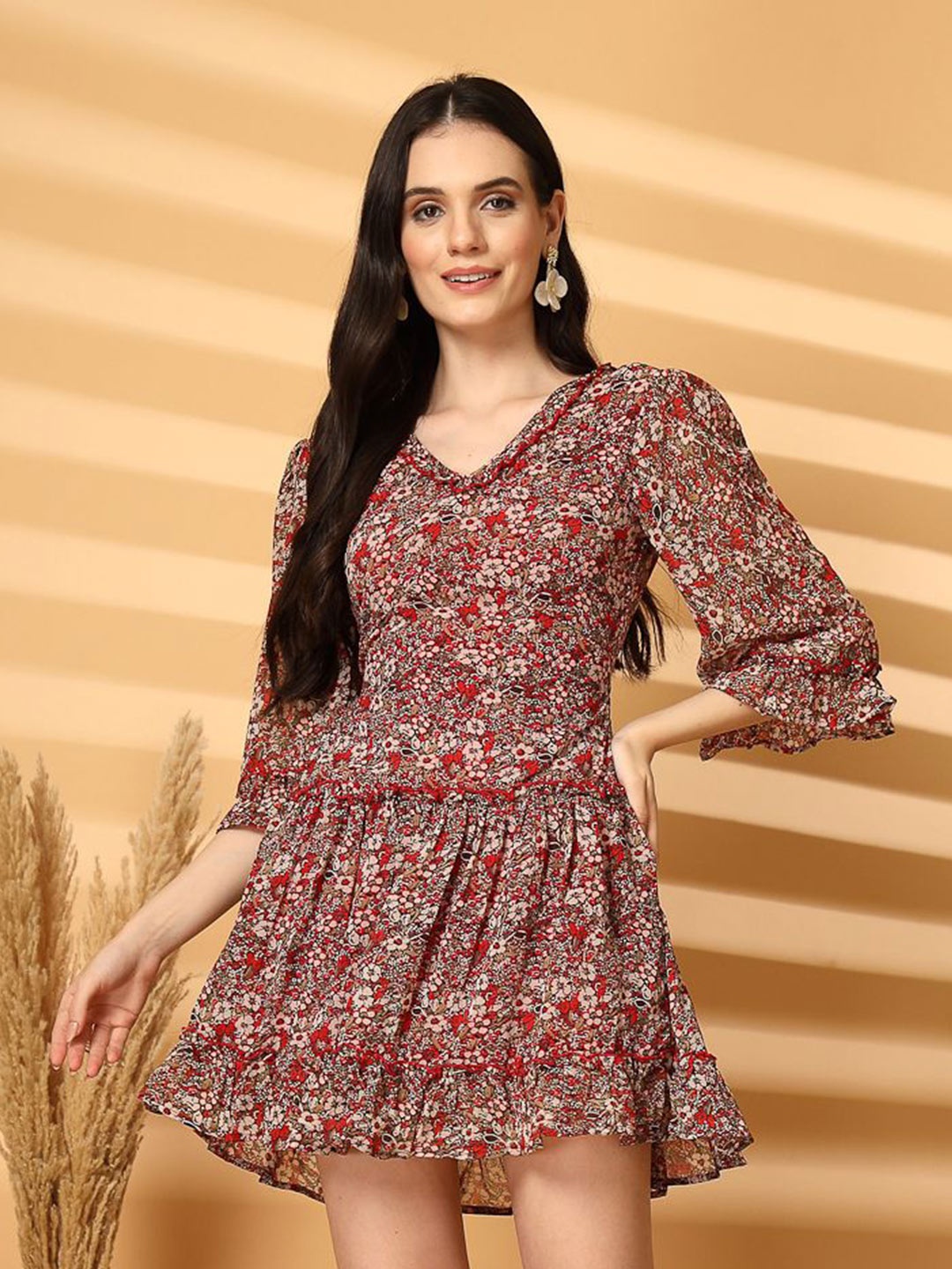 

aayu Floral Printed Bell Sleeve Georgette Fit & Flare Dress, Red