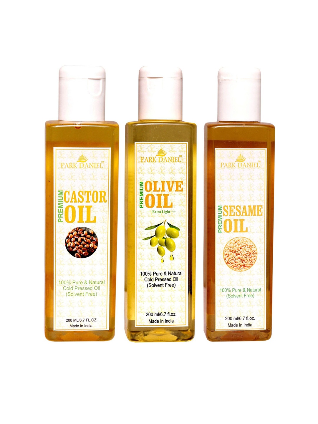 

Park Daniel Set Of 3 Pure Natural & Organic Castor Oil Olive Oil & Sesame Oil -100 ml Each, Transparent